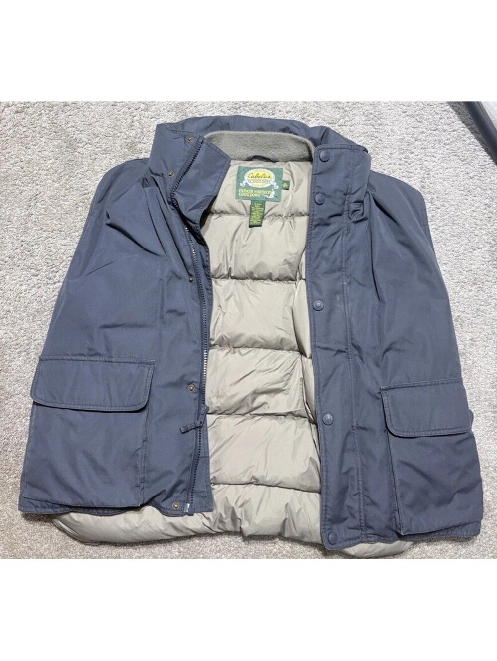 Vintage Cabela's Goose Down Puffer Vest Mens XL Blue Grey Full Zip Snap Premier